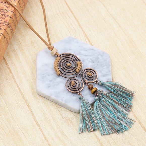 Boho Tassel Blue Tan Necklace - Picture 1 of 4